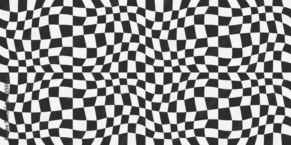Poster Chess pattern is simple, made of irregular rectangles. Repeating slightly bent checkerboard pattern. Vector.