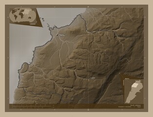 North, Lebanon. Sepia. Labelled points of cities