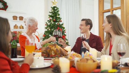 A group of multi ethnic. Portrait of Caucasian and African American black family, woman have a celebration dinner in party on Merry Christmas Eve Xmas on holiday at home or house. People lifestyle.