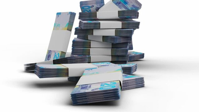 3D Animation, Stack of Twenty Kuwaiti Dinar Falling Down, on white background and on green screen
