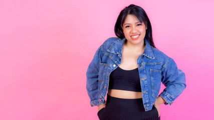 Portrait beautiful Asian fat women , fat girl , chubby, plump young woman posing on pink background...