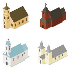 Simple churches collection, izometric elements, religion architectures.  European architecture.