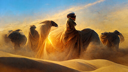 Camels on the desert dunes.Dammam, Saudi Arabia. - obrazy, fototapety, plakaty