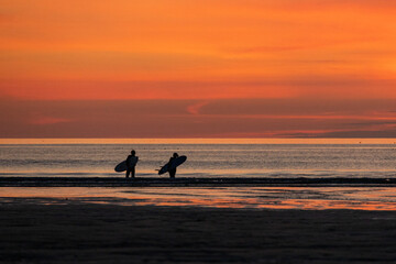 surfers leaving ocean at sunset