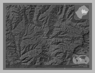 Thaba-Tseka, Lesotho. Grayscale. Labelled points of cities