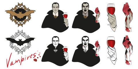 Vampire related clipart set. Elegant vampire holding wine glass and bleeding heart. Bat emblems. Scary illustrations isolated on white background.