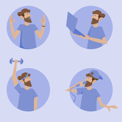 a man performing various actions, playing computer, playing sports, singing