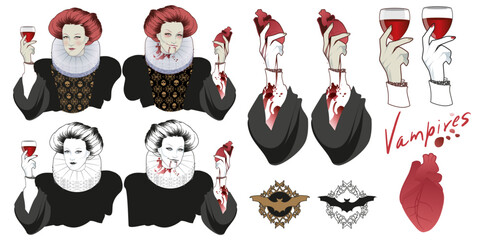 Vampire dressed in Elizabethan period costume holding a glass of wine and a bleeding heart. Bat emblems. Scary illustrations isolated on white background. - obrazy, fototapety, plakaty