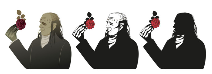 Monstrous character dressed in the style of 19th holding a rose. Color and black and white illustrations isolated on white background.