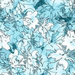 Watercolor graphic flowers.fashion illustration. Orchid flowers, chamomile,cornflower,pansies, viola, Beautiful field or garden flowers.Seamless watercolor pattern with a picture of a pear fruit. 