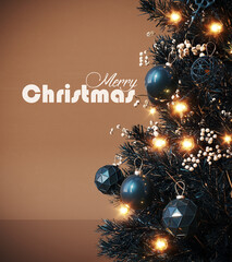 Dark blue Christmas tree with glowing lights and modern Merry Christmas text on tan paper background 3D Rendering, 3D Illustration