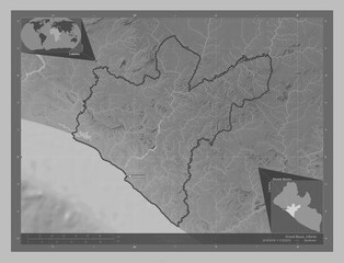 Grand Bassa, Liberia. Grayscale. Labelled points of cities
