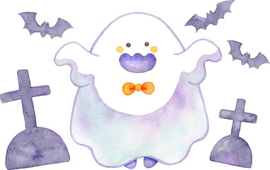 両手を上げて驚かすオバケとお墓とコウモリのイラスト【ハロウィン】