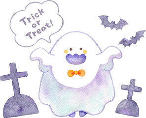 両手を上げて驚かすオバケとお墓とコウモリのイラスト【水彩手書き文字付き/トリックオアトリート】(ハロウィン)