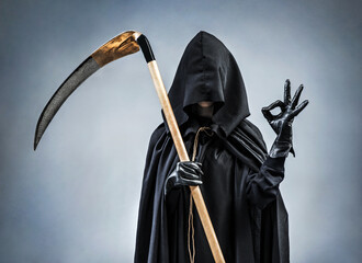 Grim Reaper showing okay gesture. Photo of personification of death wielding a large scythe in silhouette.