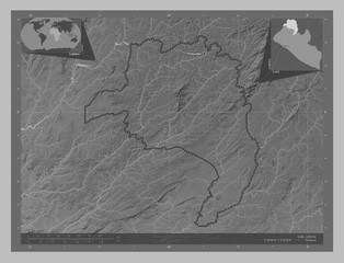 Lofa, Liberia. Grayscale. Labelled points of cities