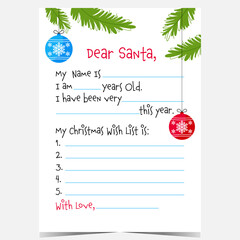 Christmas wish list to send to Santa Claus. Vector Christmas postcard with holiday decorations and Dear Santa letter template to fill in. Ready to print vector illustration.