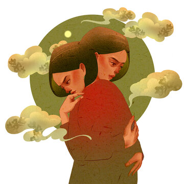 Women hugging each other, calm, think, tranquil, vintage style, Asian style, digital illustration