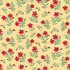 Seamless floral pattern, vintage botanical print with red flowers in abstract arrangement. Beautiful flower background design with wild plants, flowers on stems, leaves. Vector floral illustration.
