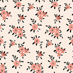 Seamless floral pattern, cute ditsy print with small pink flowers in a liberty arrangement on a light background. Cute flower design with mini hand drawn flowers, leaves. Vector botanical illustration