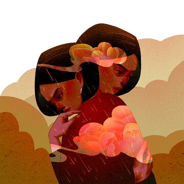 Women hugging each other, calm, think, tranquil, vintage style, Asian style, digital illustration