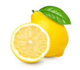 Ripe lemon fruit and slices with leaves isolated on white background, Fresh and Juicy Lemon.