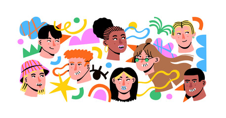 Diverse happy young people team with colorful abstract shapes on isolated background. Modern illustration of trendy women and men group for teamwork, art community or business creativity concept.