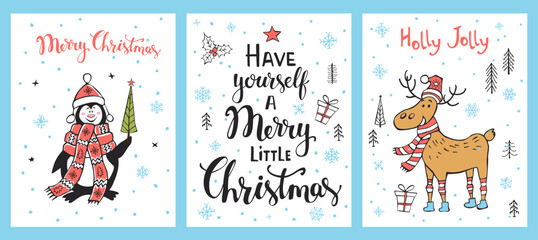merry christmas, holly jolly, have yourself a merry little christmas fun xmas time greeting cards set templates with cute cartoon penguin reindeer,, scandinavian style vector illustration