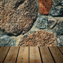 The background is blank wooden boards and a textured stone wall with lighting and vignetting.