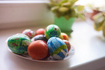 Easter colored eggs. Holiday food and easter concept.