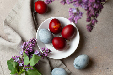 Easter colored eggs. Holiday food and easter concept.