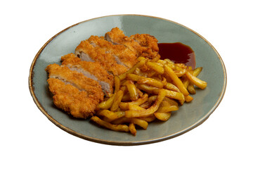 Roasted turkey and fried potatoes in a plate. transparent.  transparent