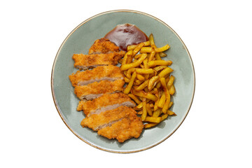 Roasted turkey and fried potatoes in a plate. transparent. View from above. transparent