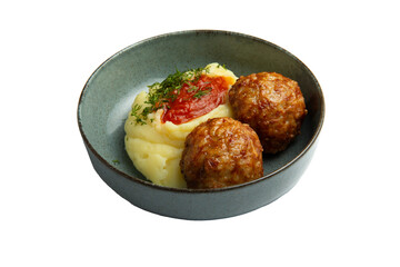 Meatballs and mashed potatoes in a bowl. Isolated on white. transparent