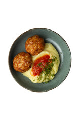 Meatballs and mashed potatoes in a bowl. Isolated on white. View from above. transparent