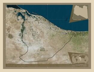 An Nuqat al Khams, Libya. High-res satellite. Labelled points of cities