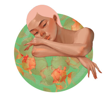 Woman laying down with her arms folding, round composition, circle sticker, Art Nouveau style, Asian painting, digital illustration, transparent background