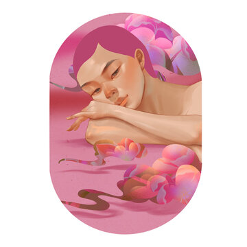 Pink woman surrounding by flowers and clouds, laying down, folding arms, sleeping pose, digital illustration, capsule shape frame, sticker, transarent background