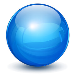 Glossy sphere 3D blue icon, glass and shiny.