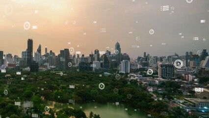 Business data analytic interface fly over smart city showing alteration future of business intelligence. Computer software and artificial intelligence are used to analyze big data for strategic plan .