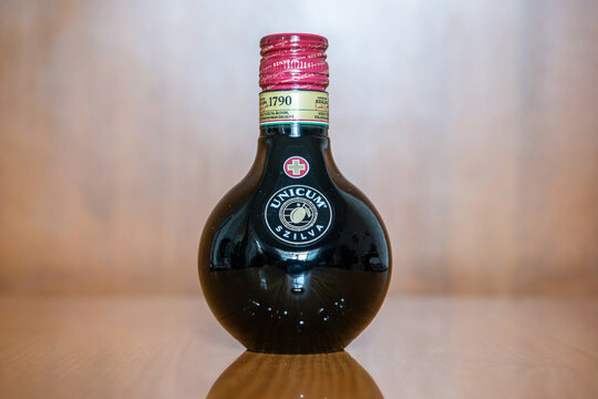 Budapest, Hungary &ndash; October 19, 2022. Bottle of Unicum Szilva liqueur.  Launched in 2012, Unicum Szilva is made by macerating dried blue plums (Szilva) in oak casks containing original Zwack Unicum
