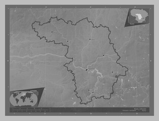 Kauno, Lithuania. Grayscale. Labelled points of cities