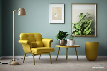 Living room interior mockup with yellow sofa. 3d render. 3D illustration