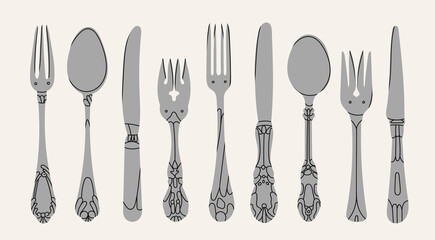 Fancy silver Cutlery set with table knife, spoon, fork, fish spoon. Various shapes. Vintage style. Restaurant, dinner concept. Hand drawn modern Vector illustration. All elements are isolated