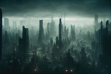 Fototapeta na wymiar City wallpaper. Dystopian futuristic cyberpunk city at night in a neon haze. 3d rendering. Raster illustration.