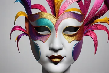 Fotobehang illustration of carnival venetian mask with swirls of color strokes on white background. 3d render. 3D illustration © DZMITRY