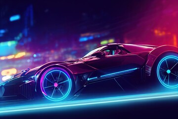 Plakat cyberpunk. Sports futuristic car on neon cyberpunk background. 3d render. 3D illustration
