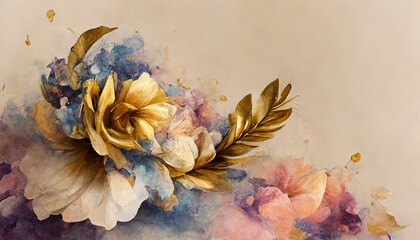 Textured abstract watercolor flowers with a golden shee. Vintage decorative element for cards. 3d render. 3D illustration
