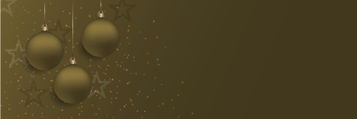 Christmas and New Year design. 3D rendering of realistic Christmas balls and decorative golden glitters and stars hanging on gold chains.. Elegant festive vector banner
