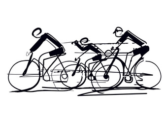
Cycling race line art stylized. 
Black and white Illustration of three cyclists. Continuous line drawing design. Vector available.